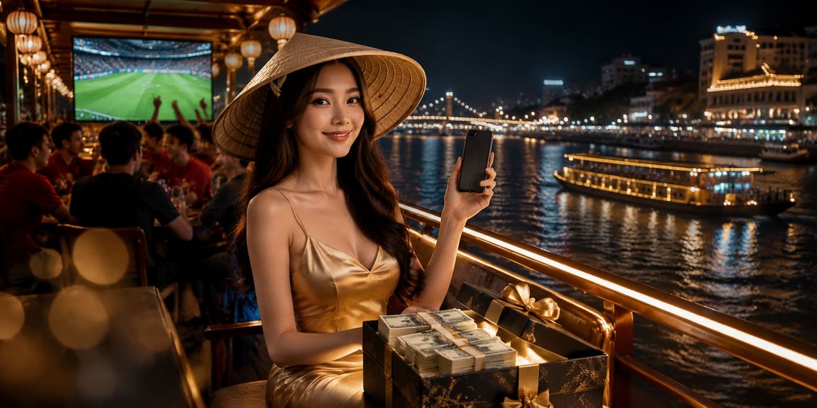 Người phụ nữ Mekong đội nón lá chơi casino mobile bên dòng sông